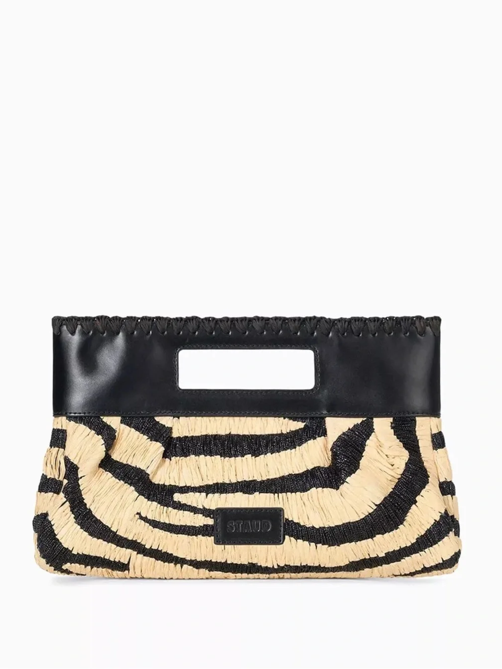 STAUD Black and Natural Zebra-Print Woven Shoulder Bag NWT